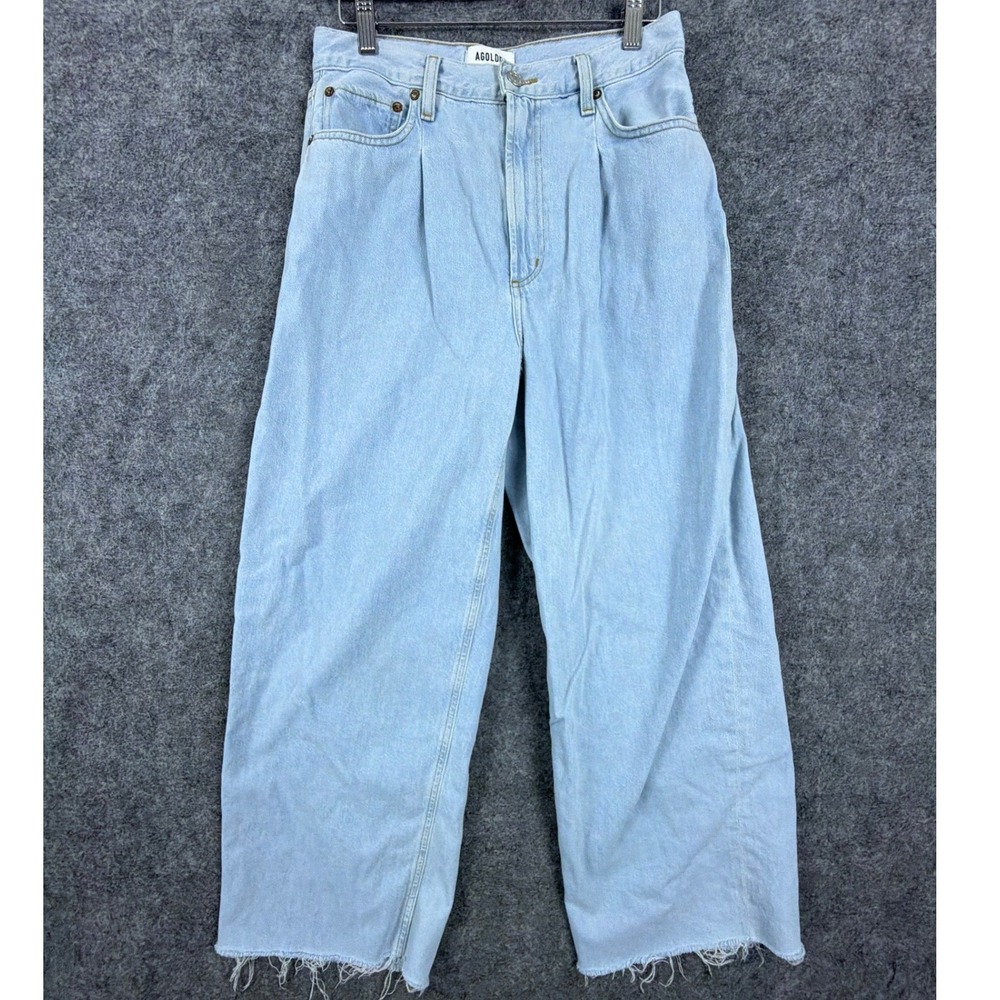AGOLDE Pleated Wide Leg Jeans Women 26 Light Wash Raw Hem Dagna Denim